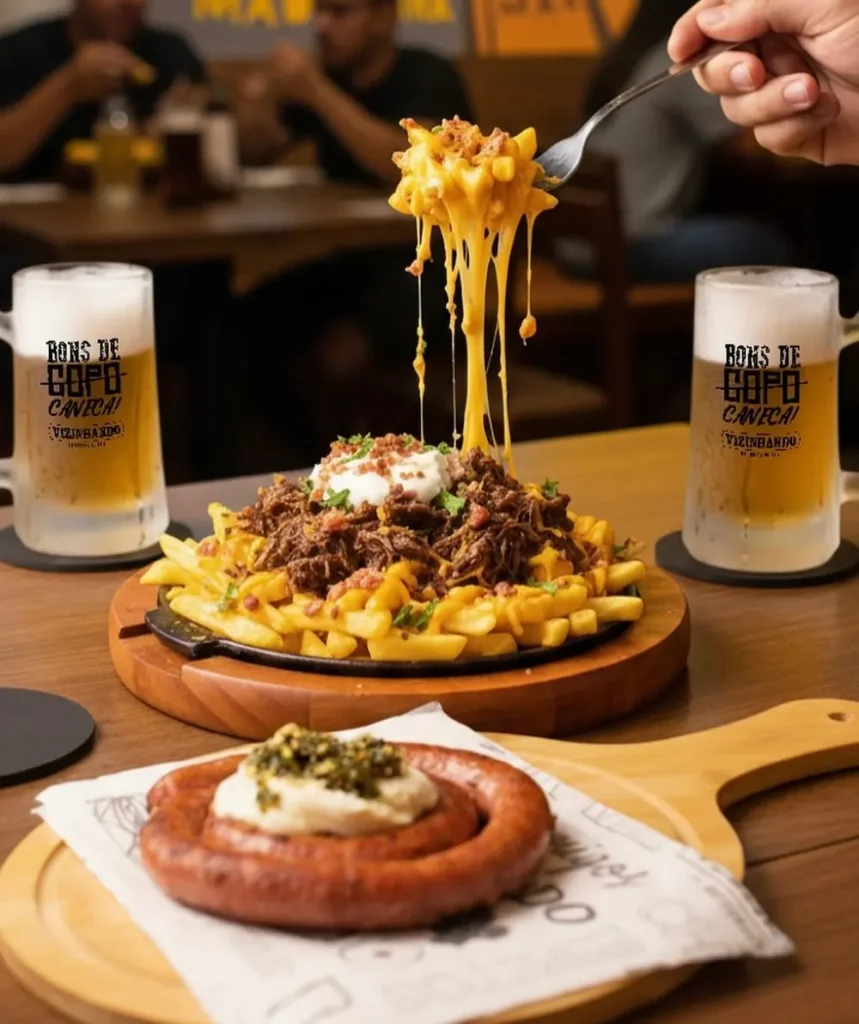 Prato de comida com carne, batatas fritas e queijo