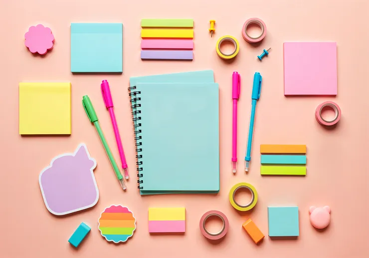 Materiais de escritório coloridos sobre fundo rosa