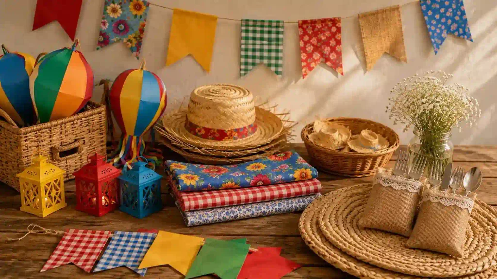Decoração de festa junina com cores vibrantes e elementos rústicos.