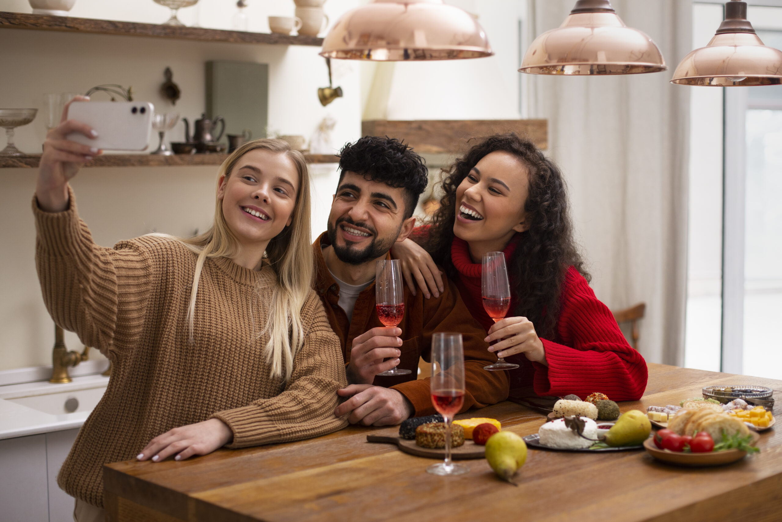 Amigos tirando uma selfie em um jantar de dia frio