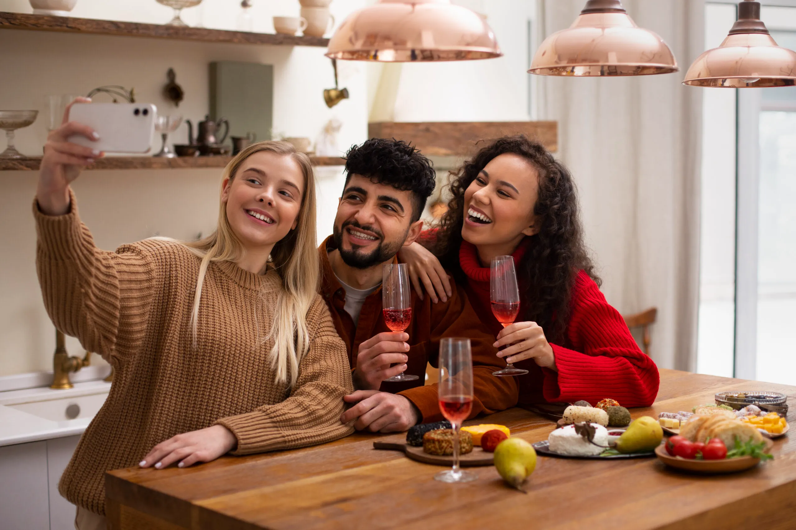 Amigos tirando uma selfie em um jantar de dia frio