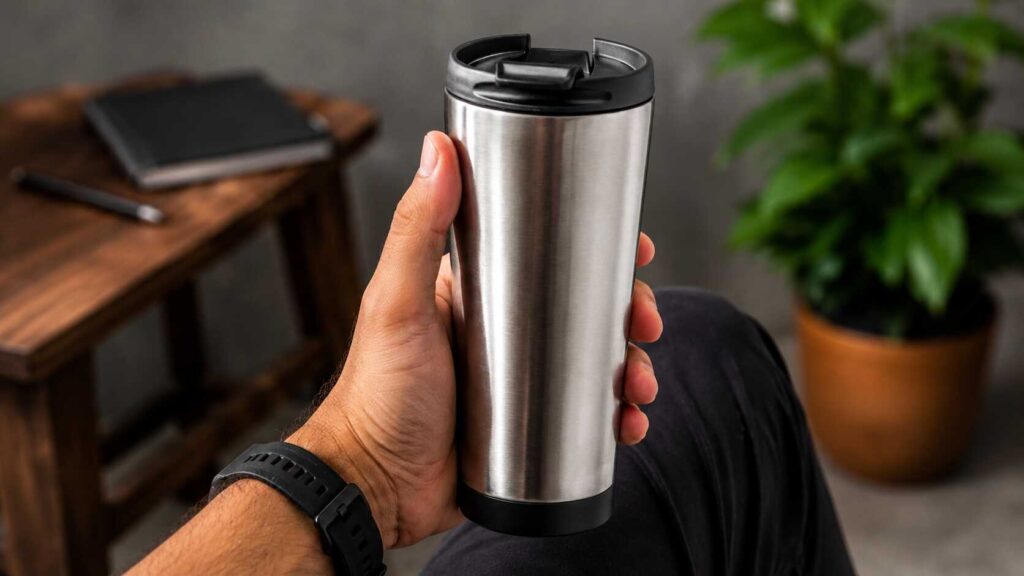 Copo térmico de inox em mãos, fundo com planta