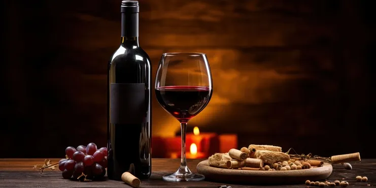 Garrafa de vinho tinto com rótulo preto ao lado de uma taça cheia, uvas frescas e tábua com rolhas em mesa de madeira rústica.