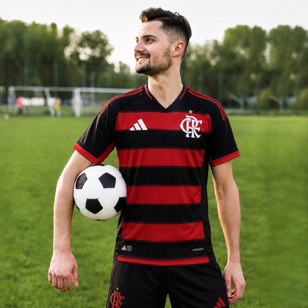 Jogador segurando bola de futebol em campo