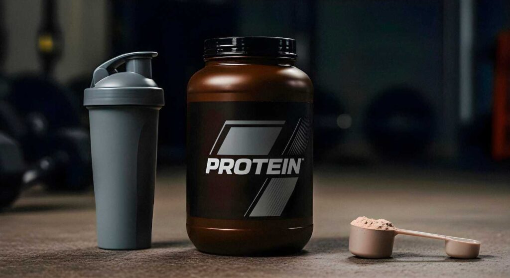 Pote de proteína e copo medidor em fundo de academia