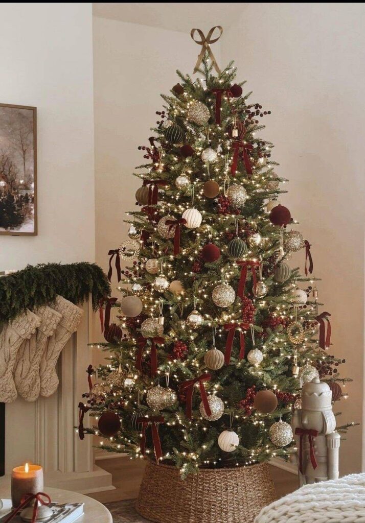 Árvore de Natal decorada com laços e enfeites