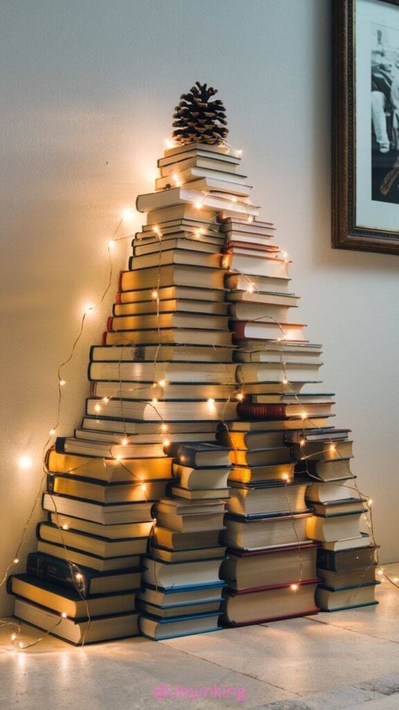 Árvore de Natal feita de livros com luzes decorativas