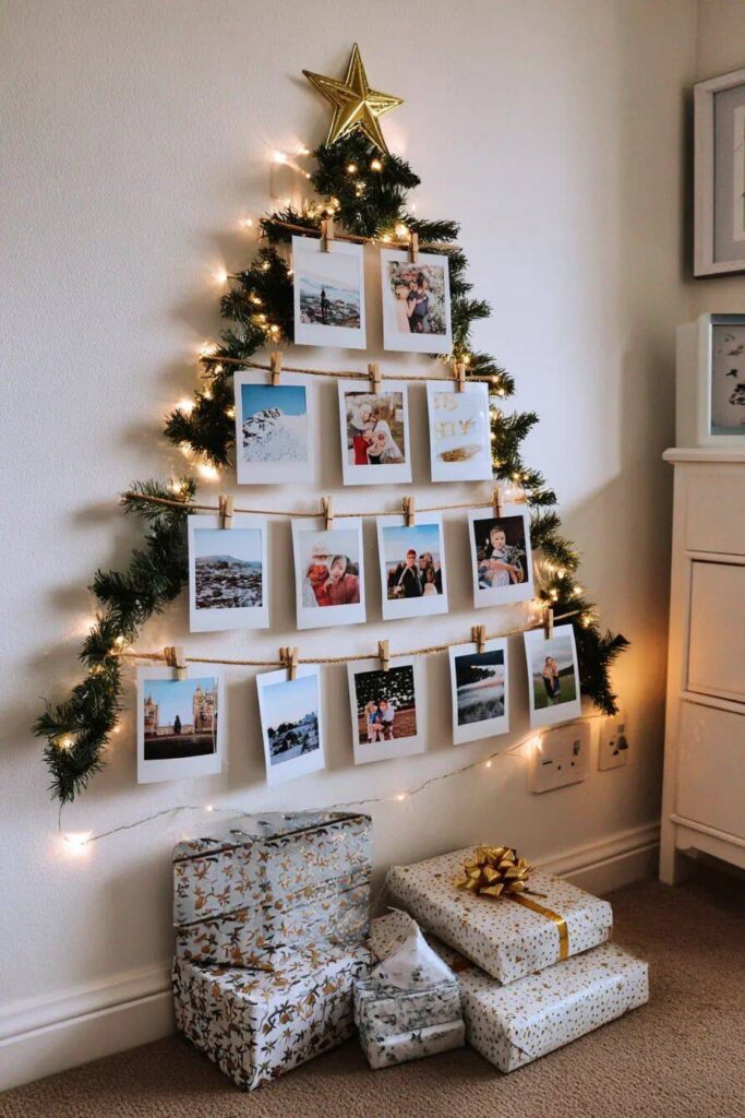 Decoração de árvore de Natal com fotos e presentes