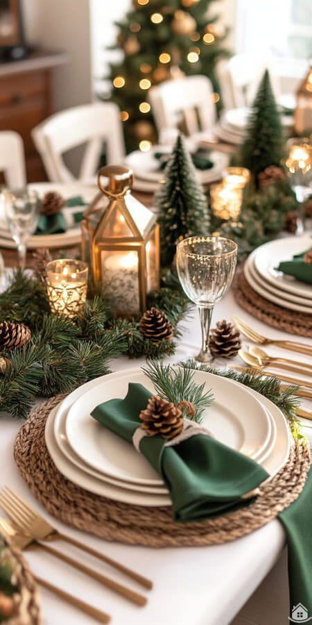 Mesa decorada para festa de Natal com pinheiros.