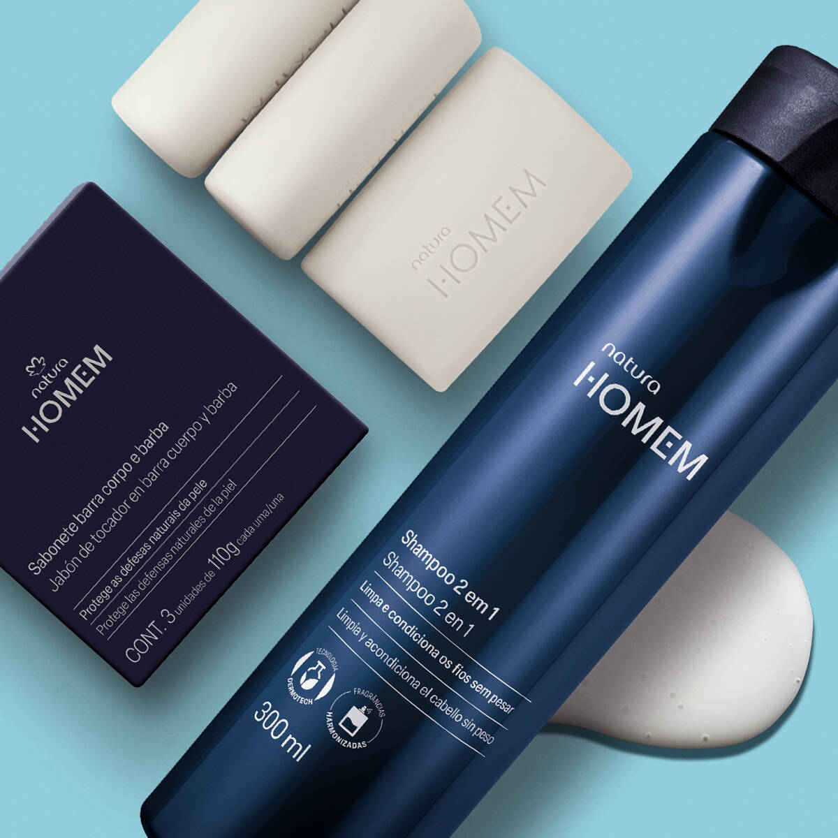 Produtos de cuidados para homens da Natura, incluindo shampoo e sabonetes.