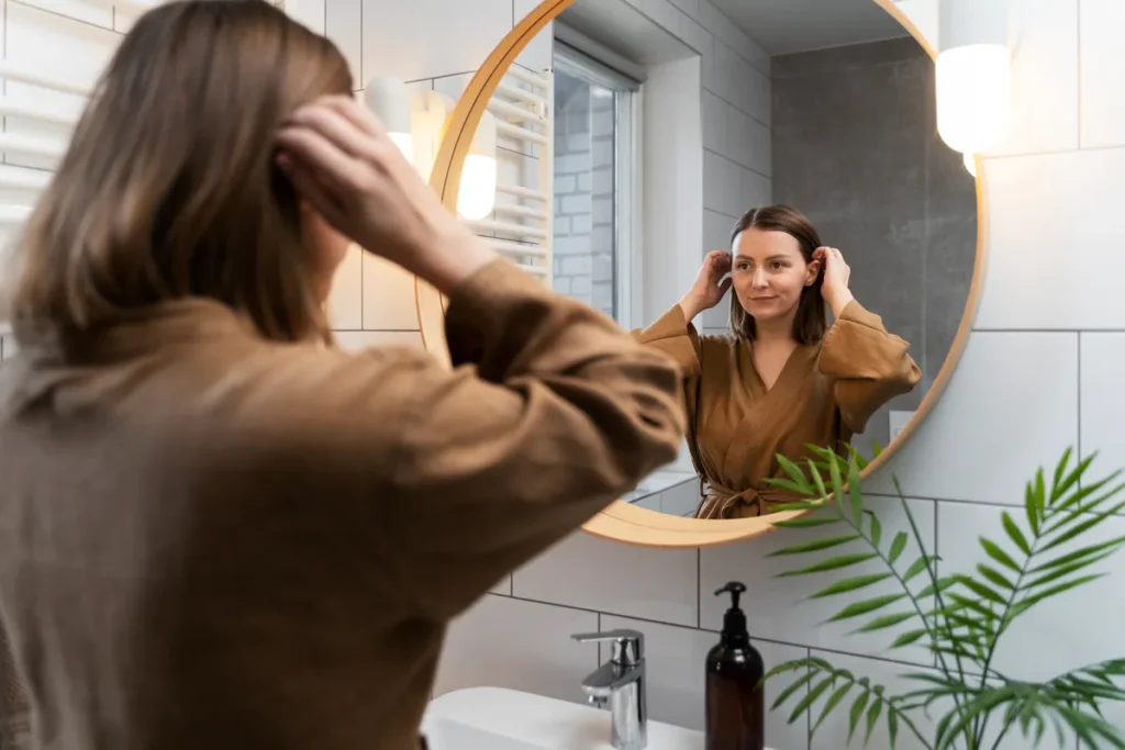 Mulher se arrumando no espelho do banheiro moderno