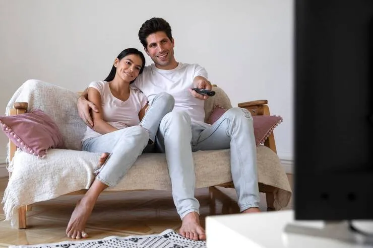 Casal assistindo TV juntos no sofá