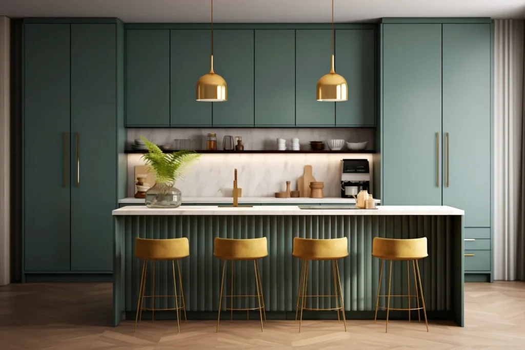 Cozinha moderna com armários verdes e bancos amarelos.