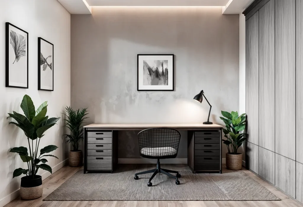 Escritório moderno com mesa e plantas decorativas.