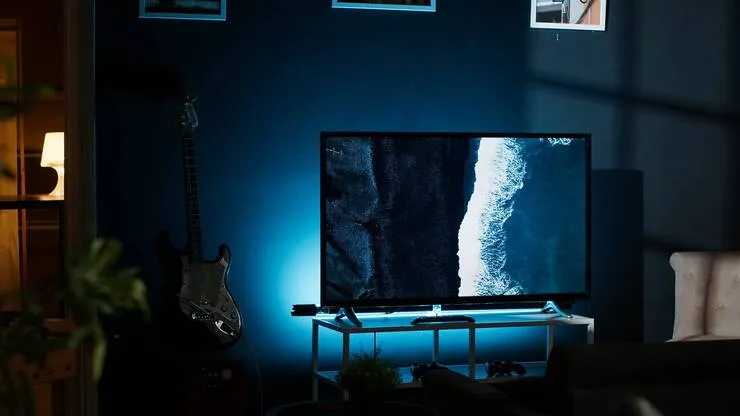 Sala com TV exibindo praia e guitarra ao lado