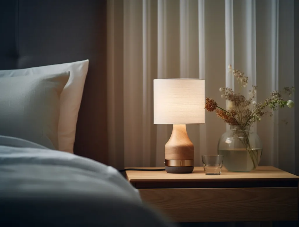 Abajur moderno sobre mesa ao lado da cama