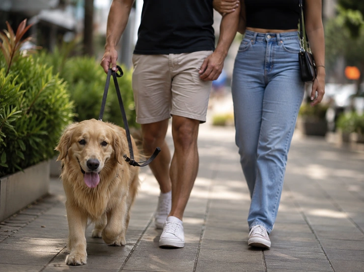 Cachorro Golden Retriever passeia na coleira com casal caminhando em calçada com plantas ao fundo.