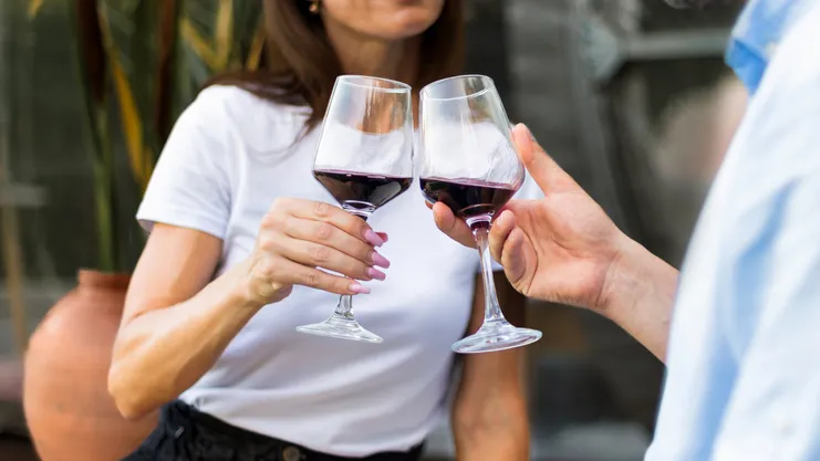 Casal brindando com taças de vinho.