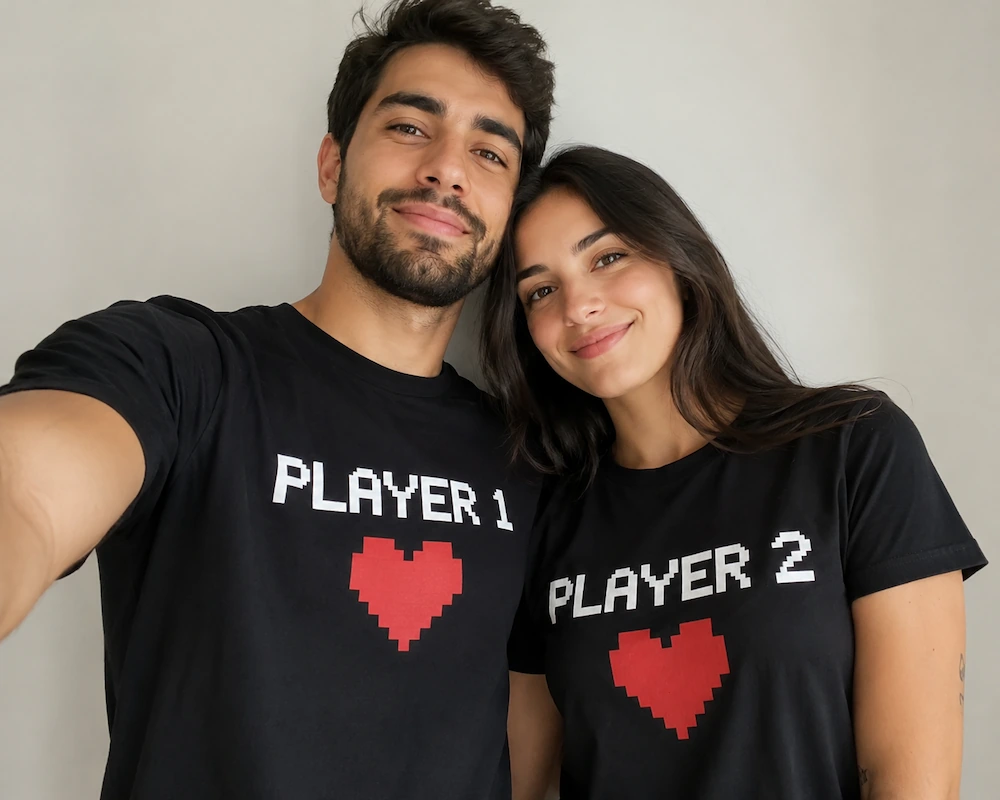 Selfie de casal sorridente usando camisetas pretas correspondentes "Player 1" e "Player 2" com corações de pixel.
