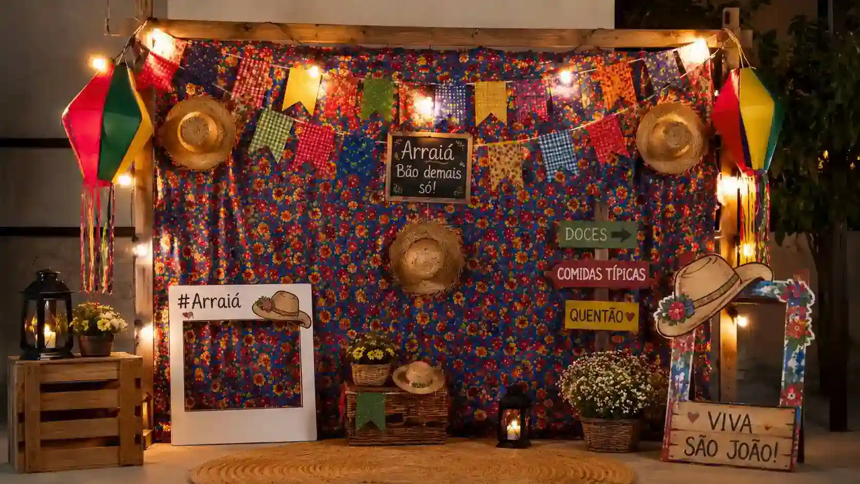 Decoração festiva de Arraiá com chapéus e bandeirinhas