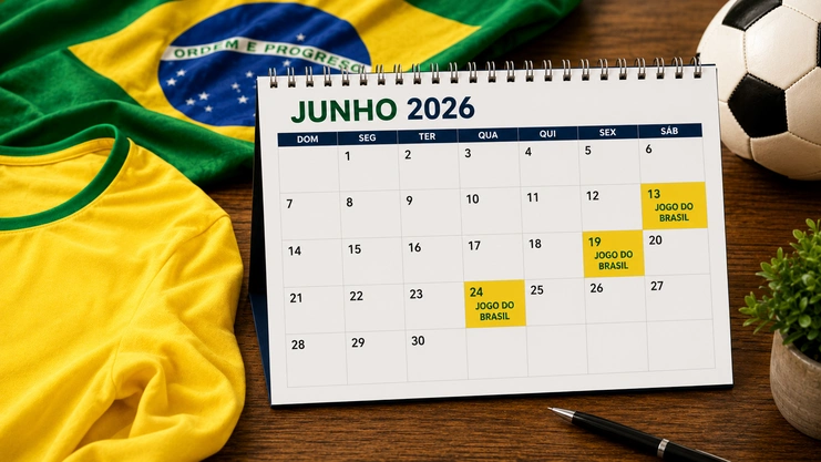 Calendário de mesa de junho de 2026 com os dias de jogos do Brasil marcados em amarelo, ao lado da camisa e bandeira.
