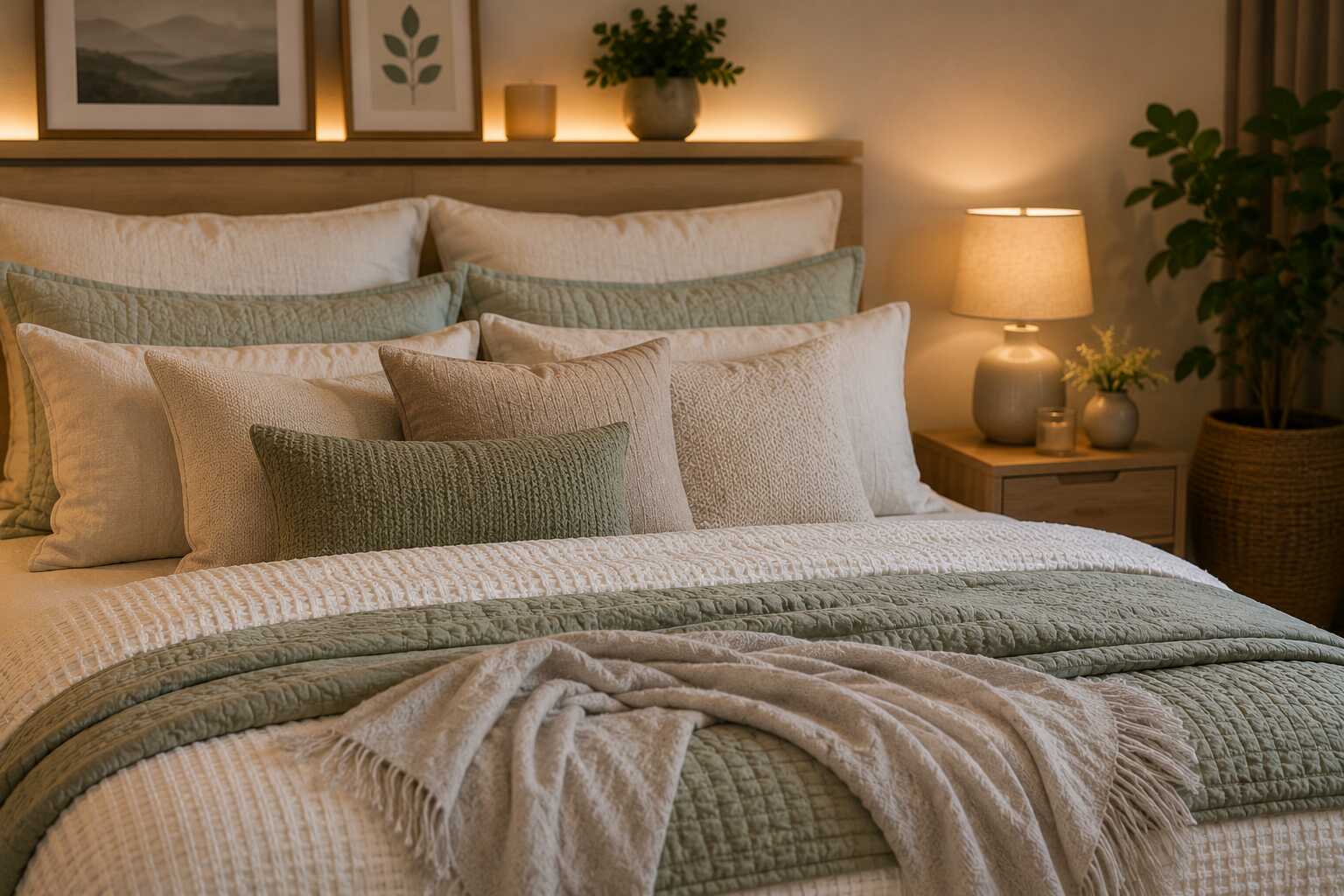 Cama decorada com almofadas e manta suave