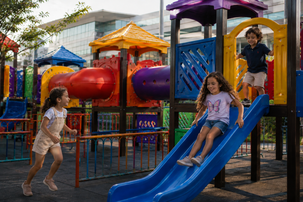 Crianças brincando em parque infantil colorido