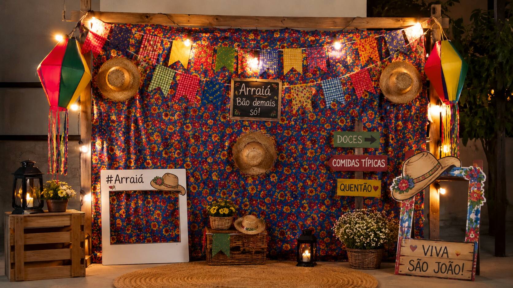 Decoração festiva de Arraiá com chapéus e bandeirinhas