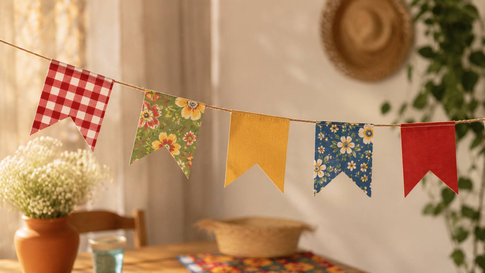 Decoração de festa com bandeirinhas coloridas