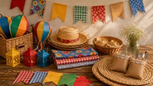 Decoração de festa junina com cores vibrantes e elementos rústicos
