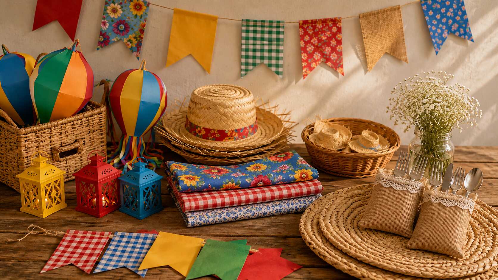 Decoração de festa junina com cores vibrantes e elementos rústicos