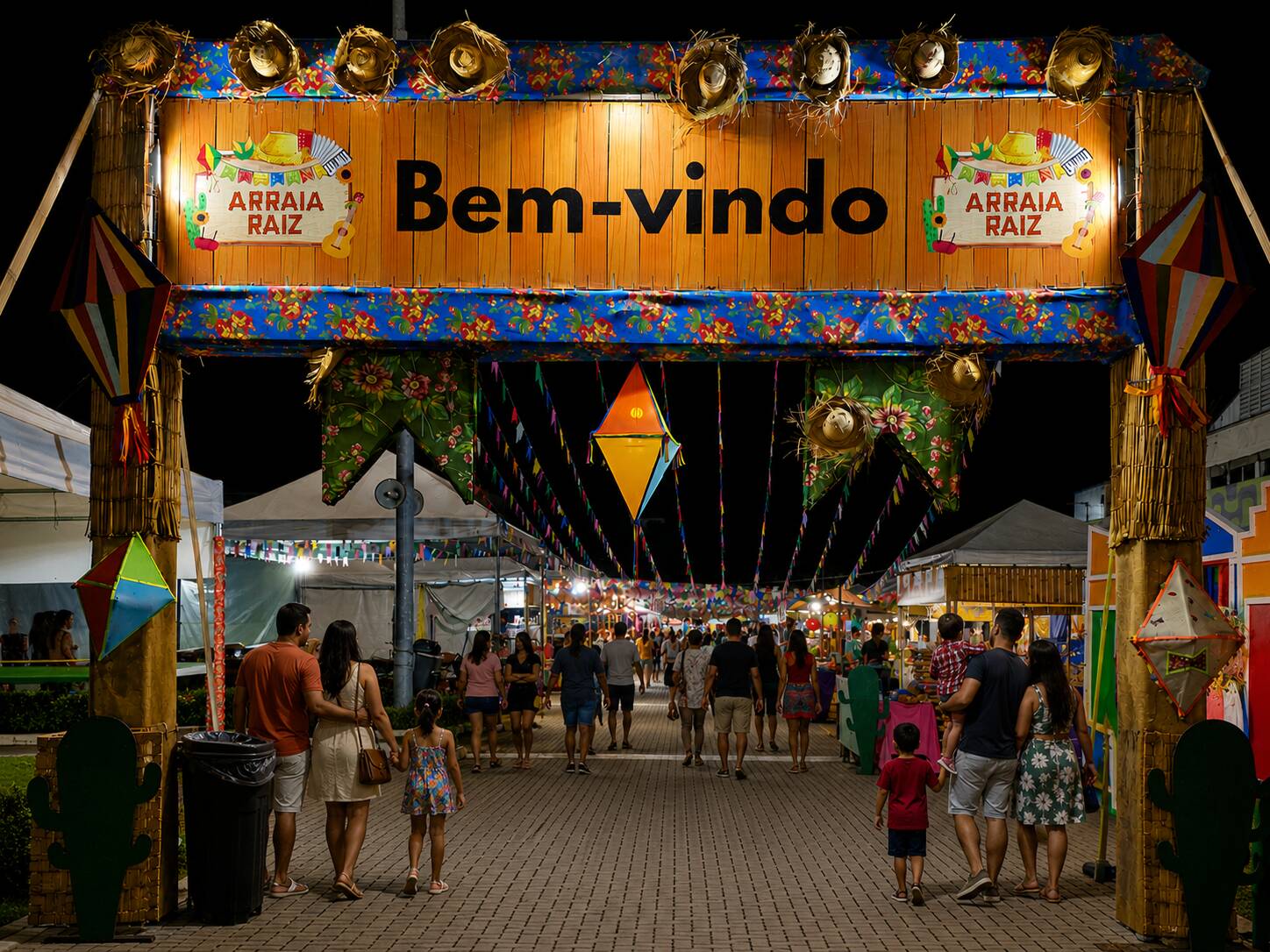 Entrada do arraial com pessoas e decoração junina