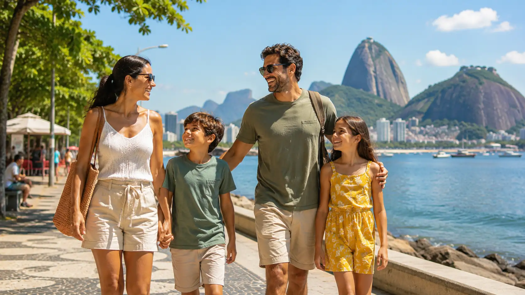 Família feliz caminhando na orla do Rio de Janeiro.