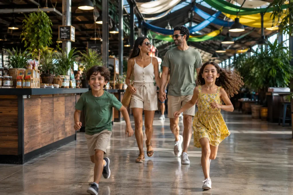Família caminhando em mercado com plantas