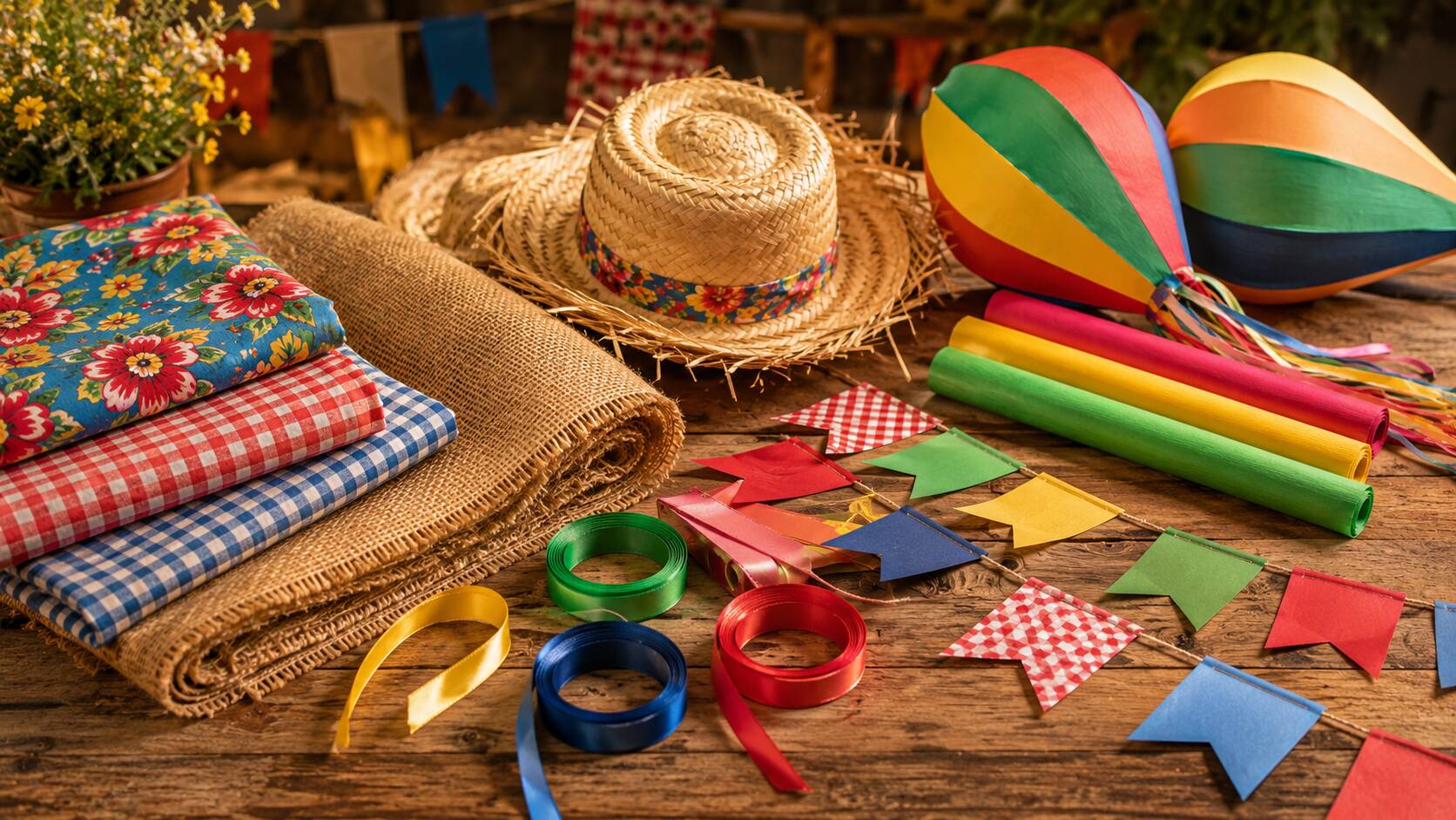 Elementos de festa junina com chapéu e bandeirinhas coloridas