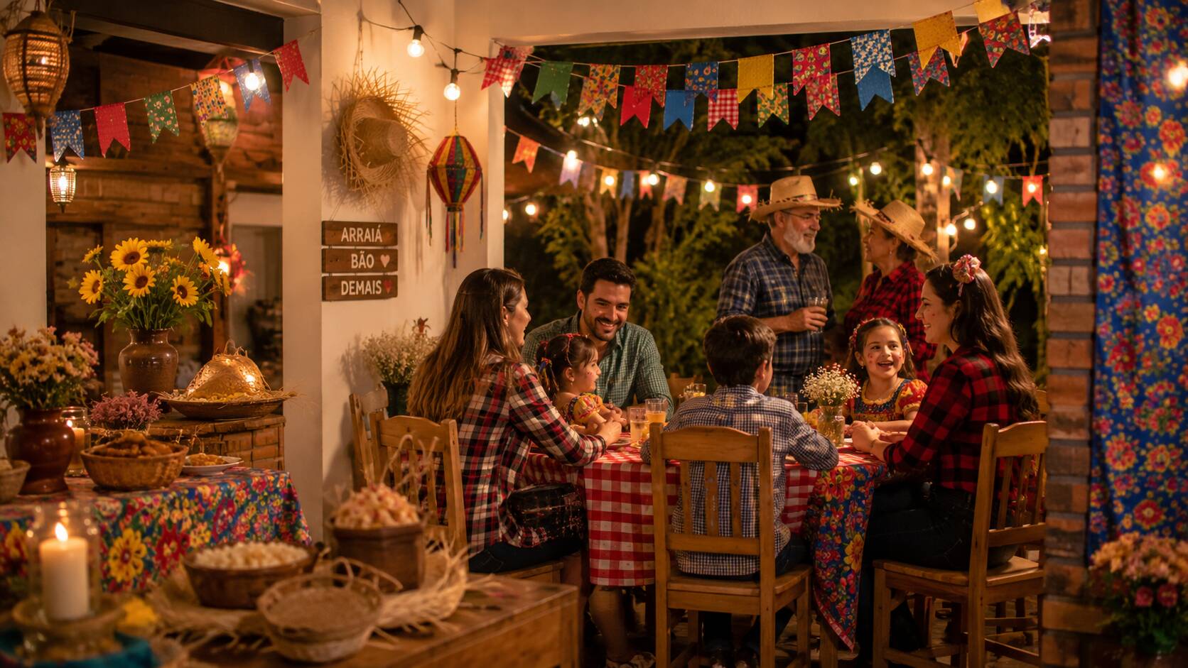 Família celebrando festa junina com comida e alegria