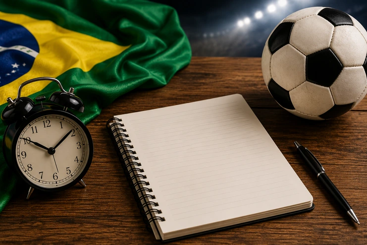 Caderno aberto na mesa de madeira ao lado de uma bola de futebol, relógio despertador e a bandeira do Brasil.