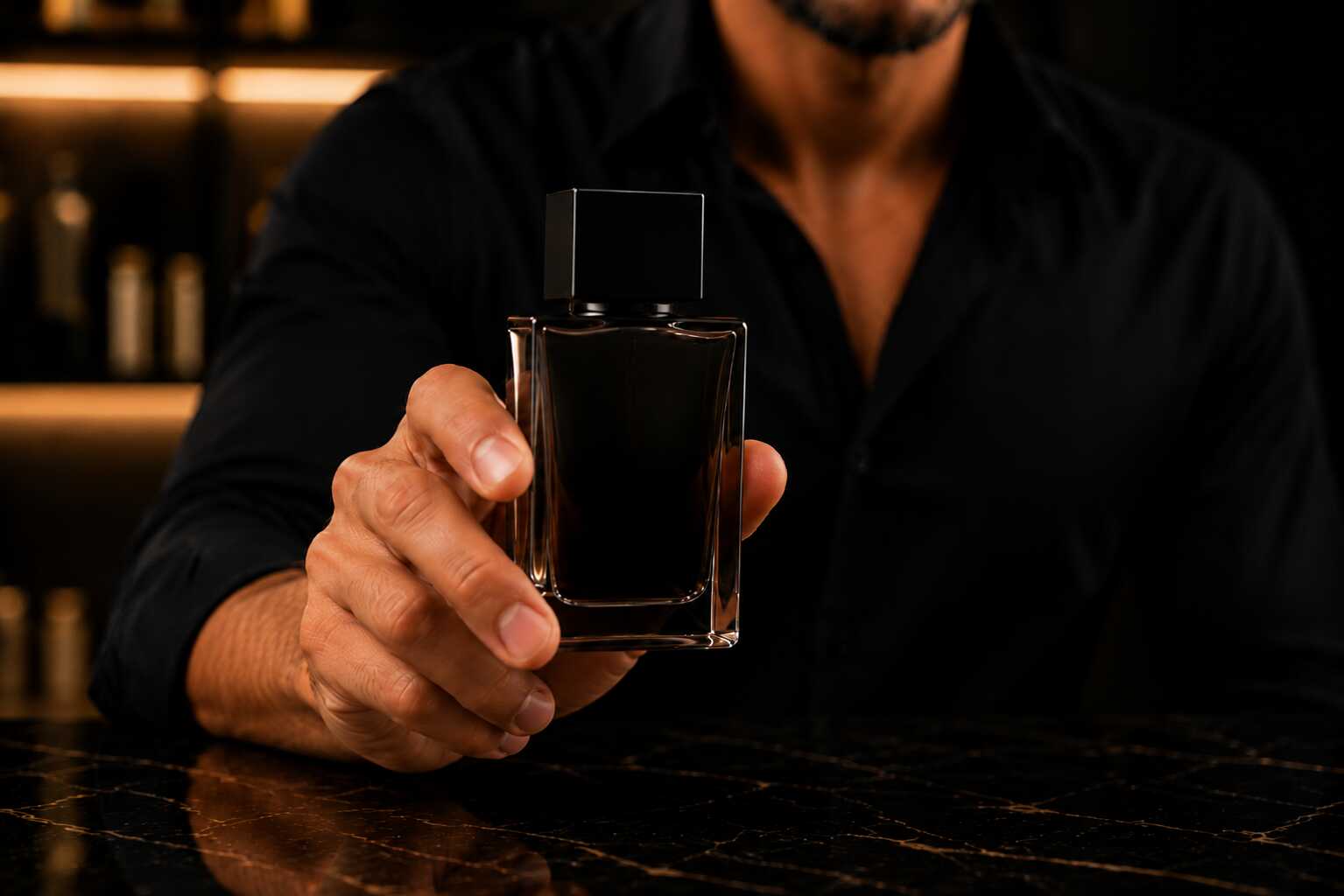 Homem segurando frasco de perfume elegante