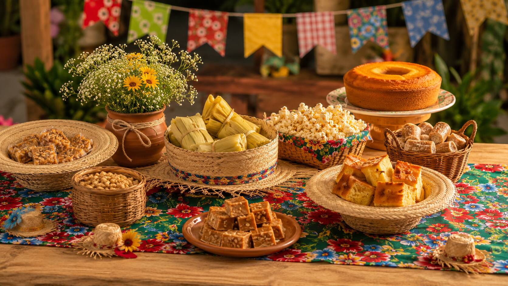 Mesa decorada com variedades de doces e salgados típicos.