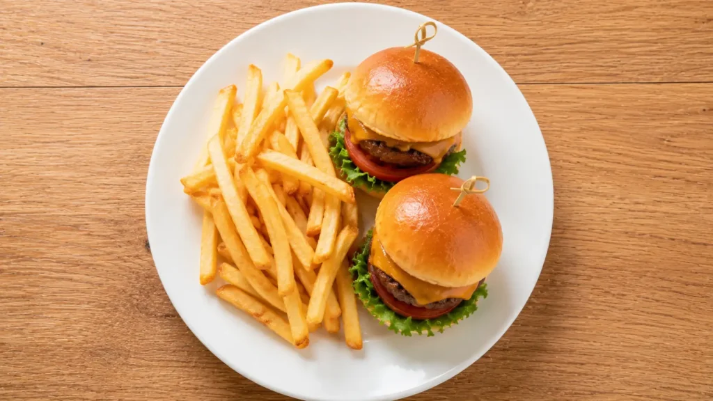 Dois mini hambúrgueres com batatas fritas