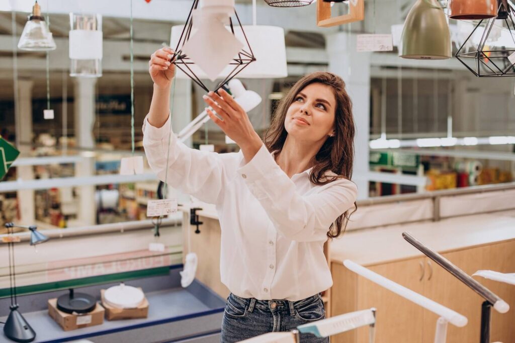 d0ab666c young woman choosing chandelier building center 1303 26801