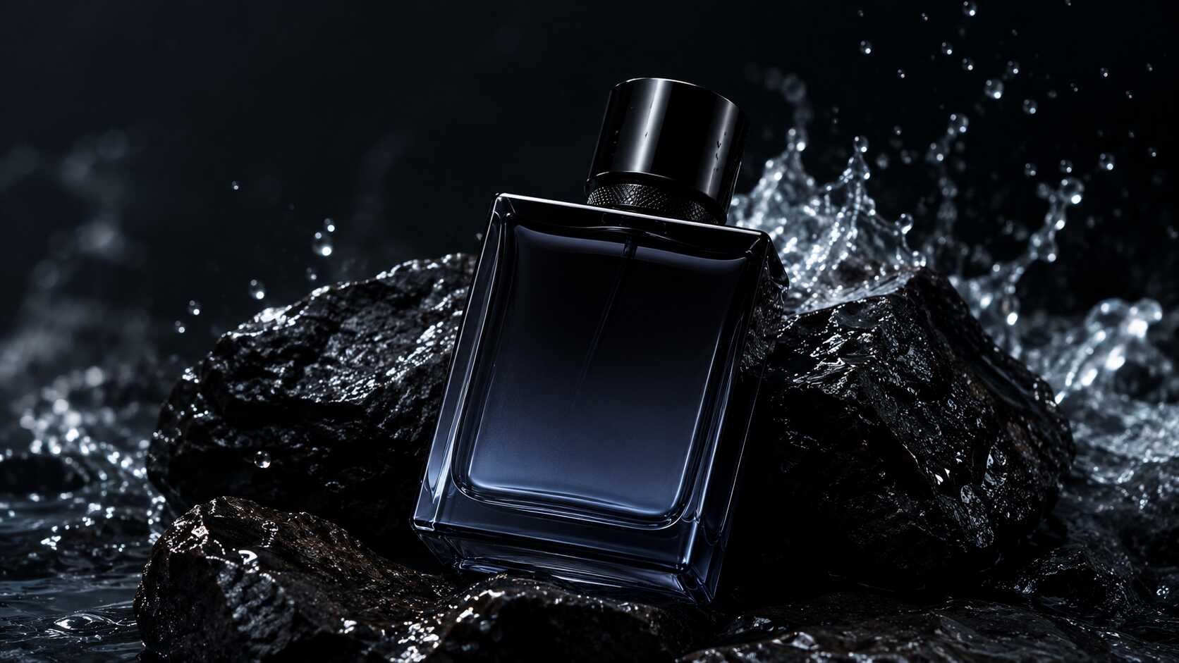 Perfume em frasco sobre rochas com água.
