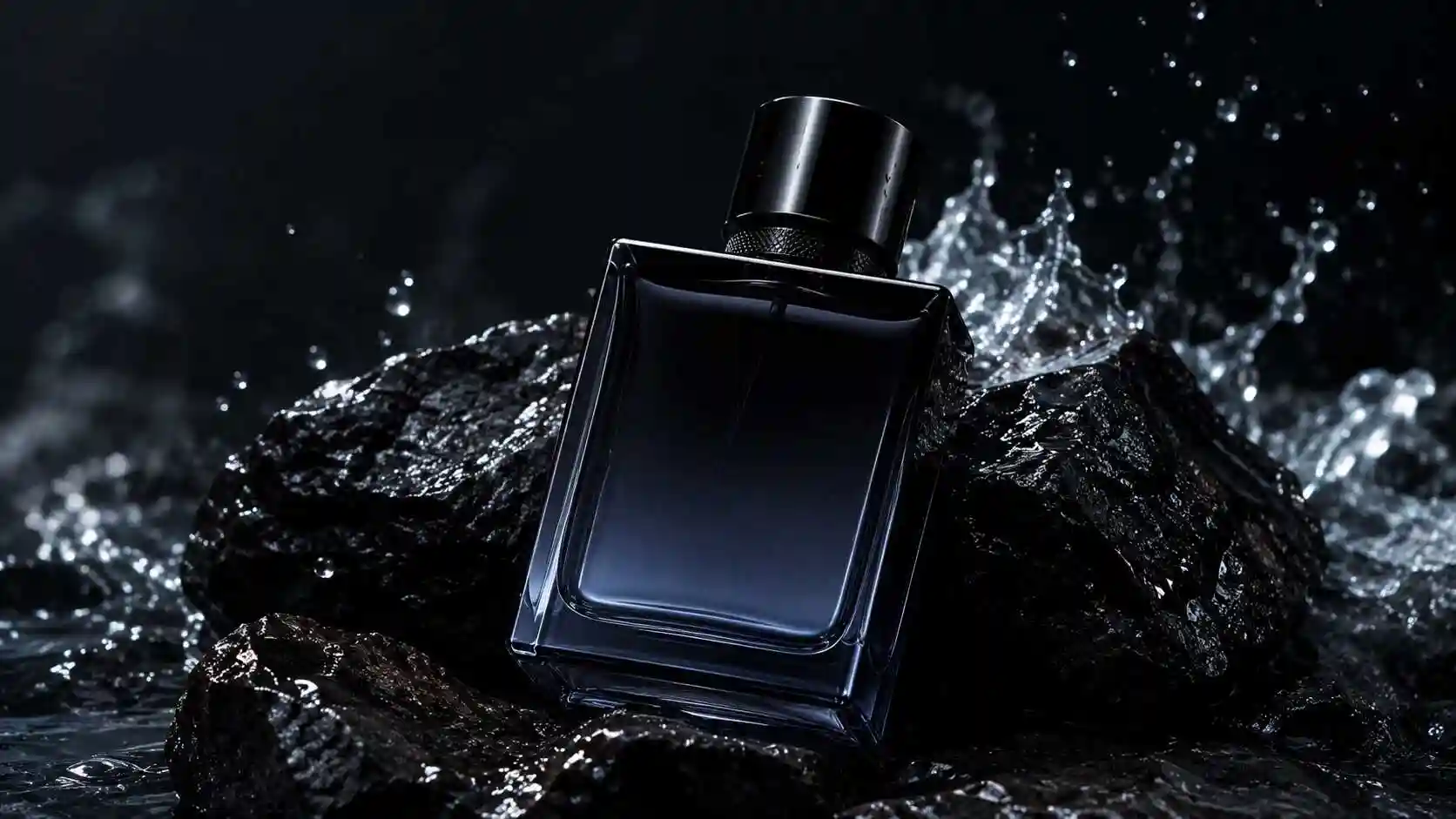 Perfume em frasco sobre rochas com água.