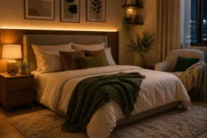Quarto aconchegante com cama e decoração suave