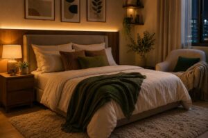 Quarto aconchegante com cama e decoração suave