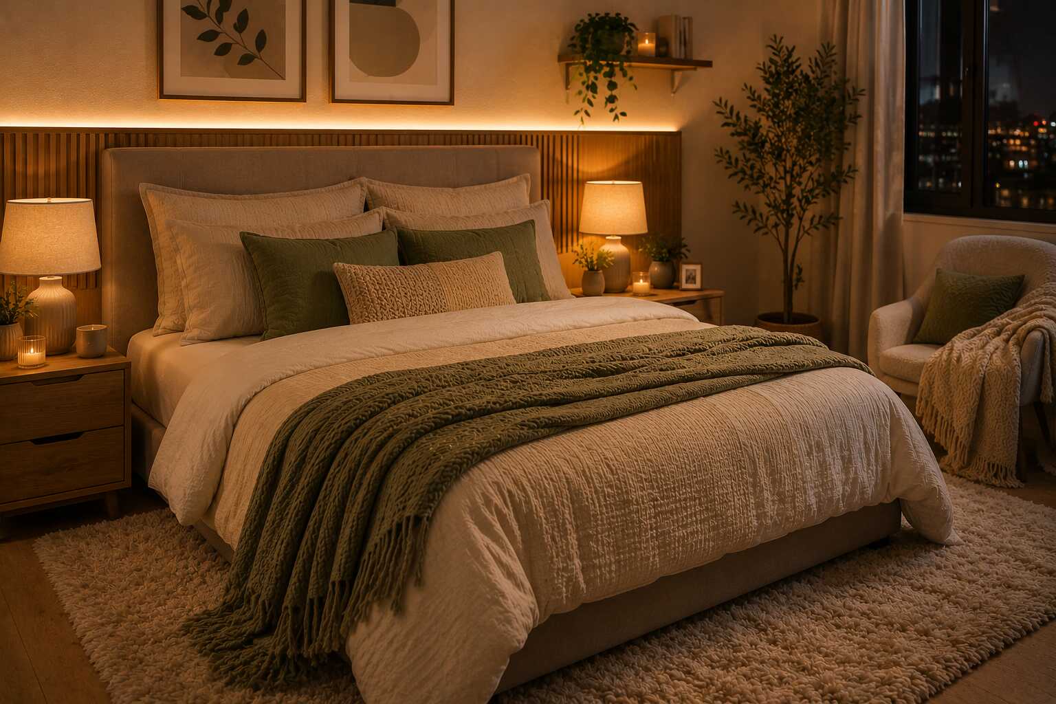 Quarto aconchegante com cama e iluminação suave