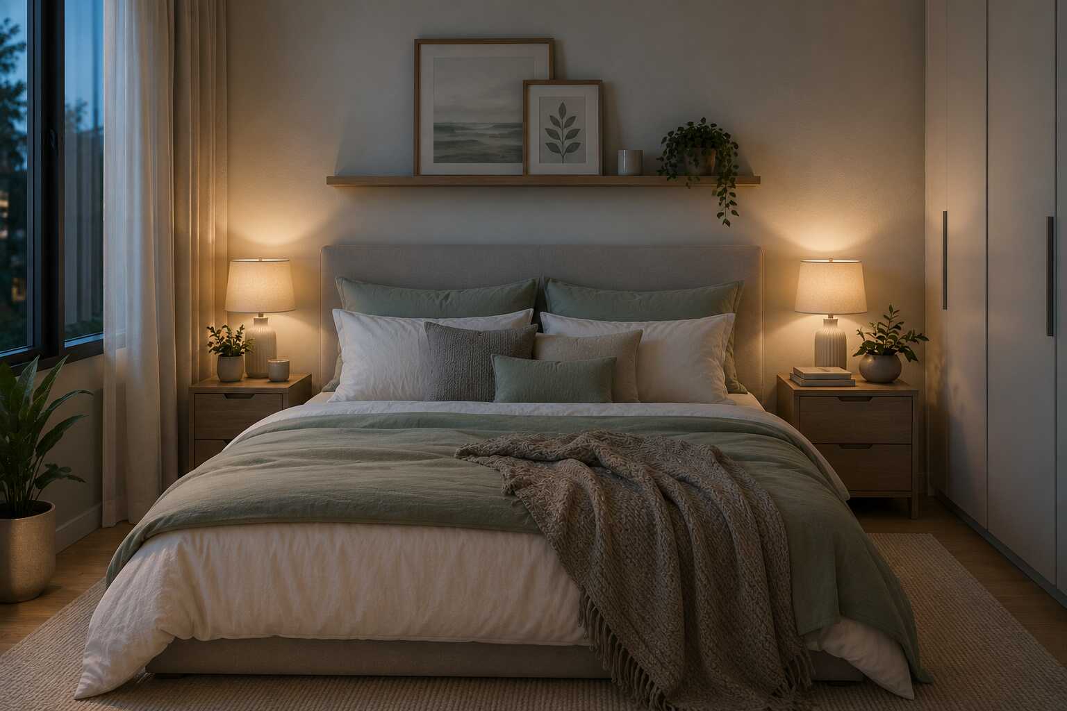 Quarto aconchegante com iluminação suave e plantas.