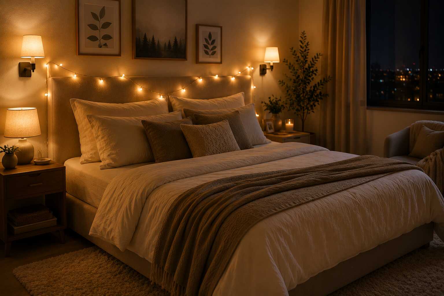 Quarto aconchegante com luzes suaves e decoração moderna