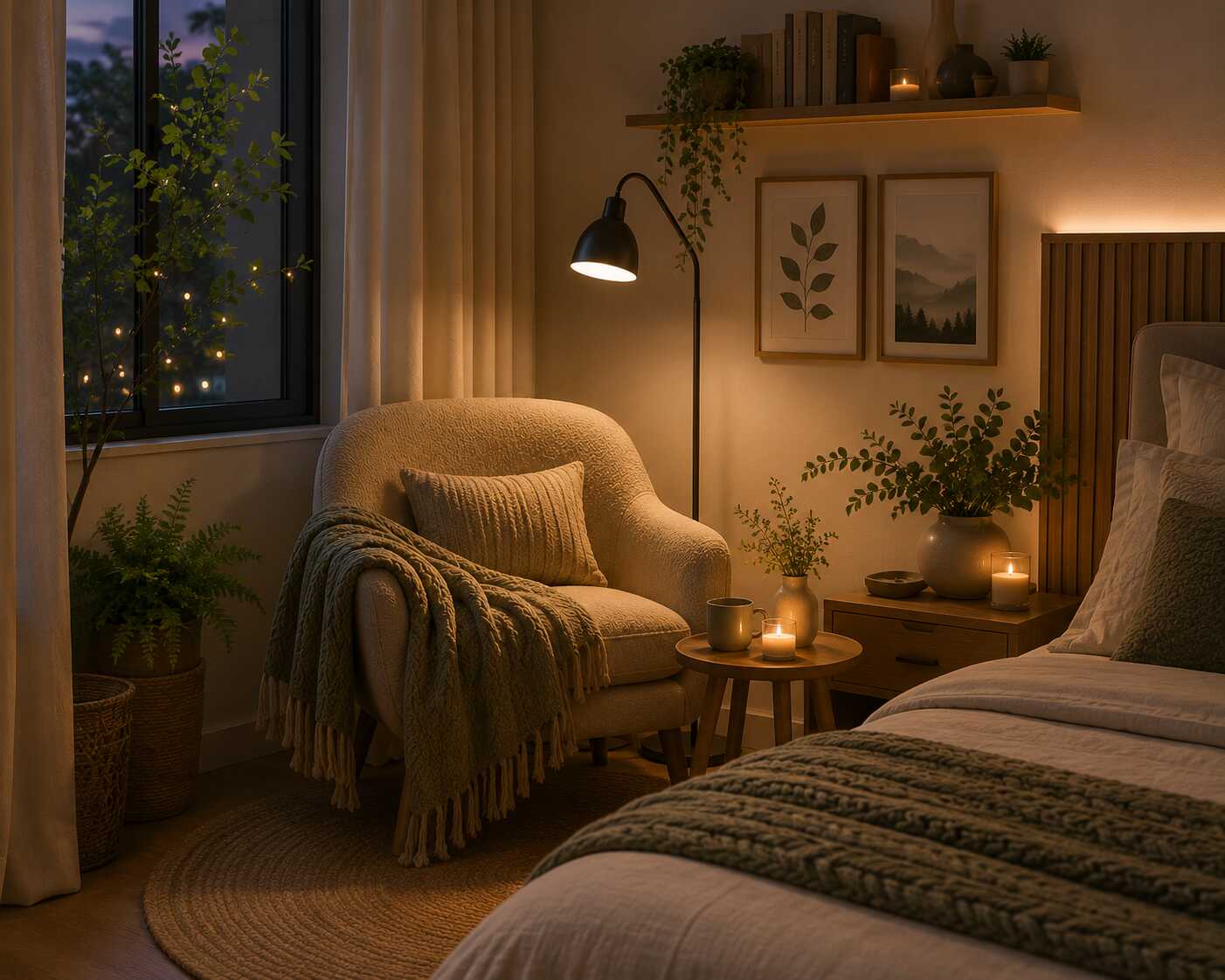 Quarto aconchegante com plantas e iluminação suave