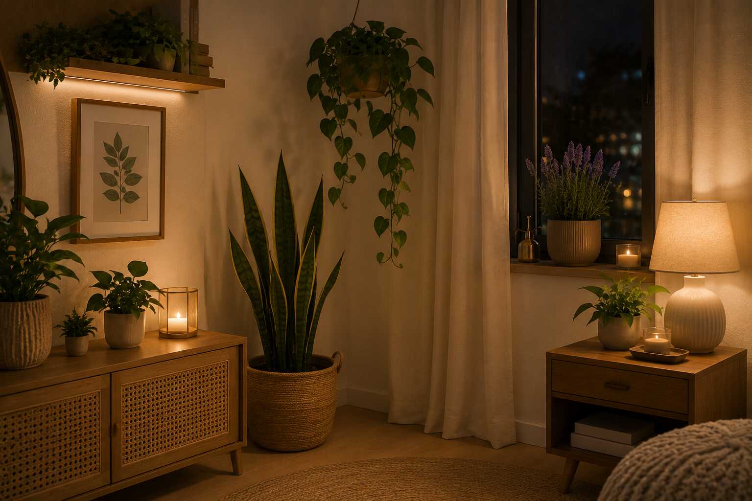 Quarto aconchegante com plantas e iluminação suave